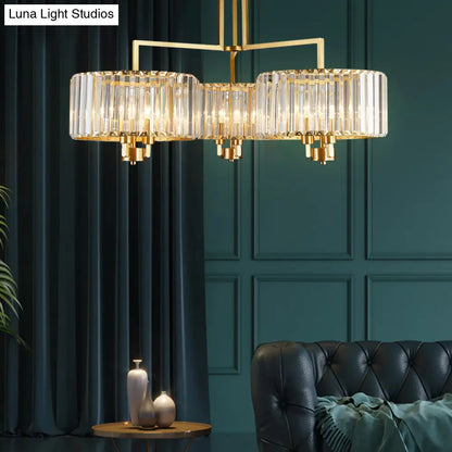 Lámpara de techo contemporánea dorada con forma de tambor y cristales transparentes - Lámpara colgante de 3/6/9 cabezas para sala de estar