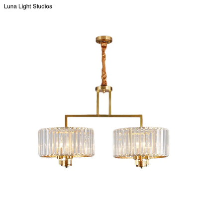Lámpara de techo contemporánea dorada con forma de tambor y cristales transparentes - Lámpara colgante de 3/6/9 cabezas para sala de estar