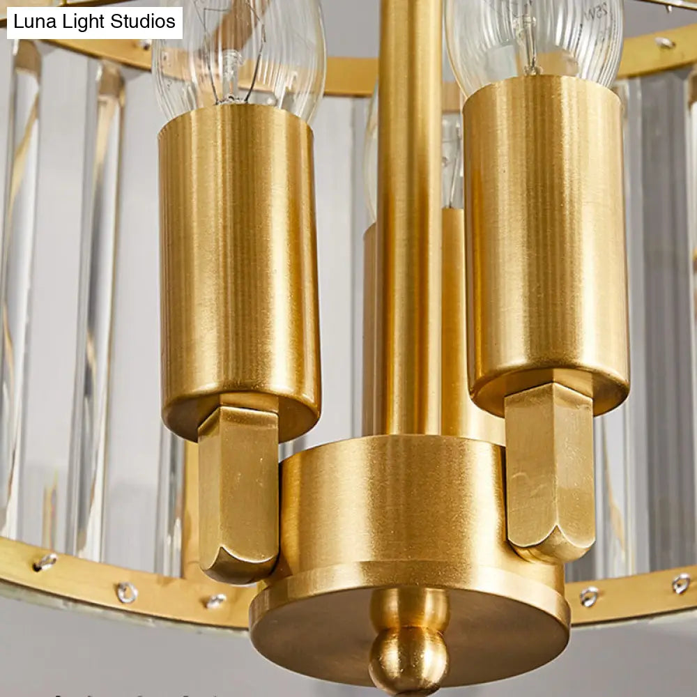 Lámpara de techo contemporánea dorada con forma de tambor y cristales transparentes - Lámpara colgante de 3/6/9 cabezas para sala de estar