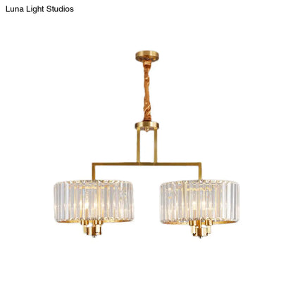 Lámpara de techo contemporánea dorada con forma de tambor y cristales transparentes - Lámpara colgante de 3/6/9 cabezas para sala de estar