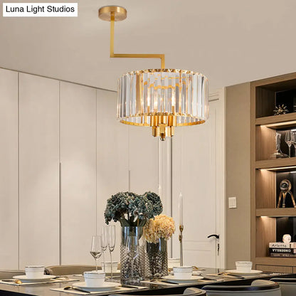 Lámpara de techo contemporánea dorada con forma de tambor y cristales transparentes - Lámpara colgante de 3/6/9 cabezas para sala de estar