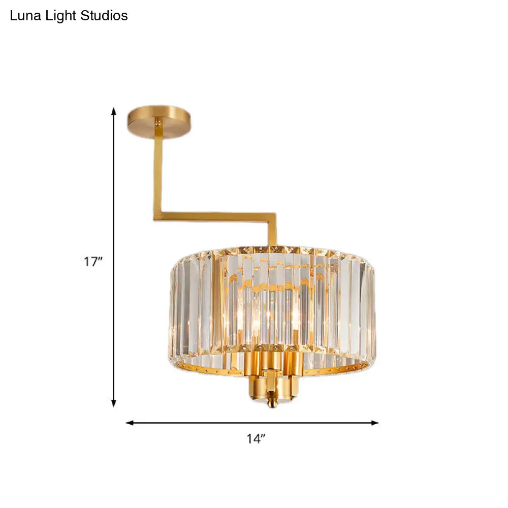 Lámpara de techo contemporánea dorada con forma de tambor y cristales transparentes - Lámpara colgante de 3/6/9 cabezas para sala de estar