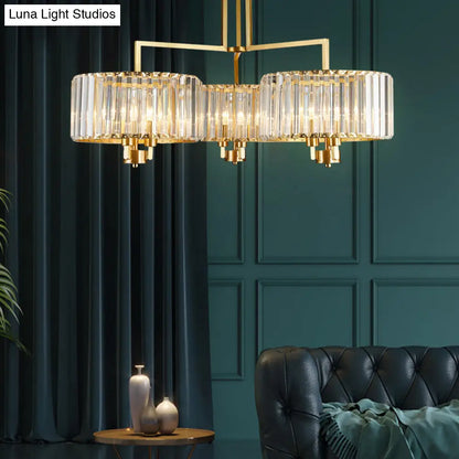 Lámpara de techo contemporánea dorada con forma de tambor y cristales transparentes - Lámpara colgante de 3/6/9 cabezas para sala de estar