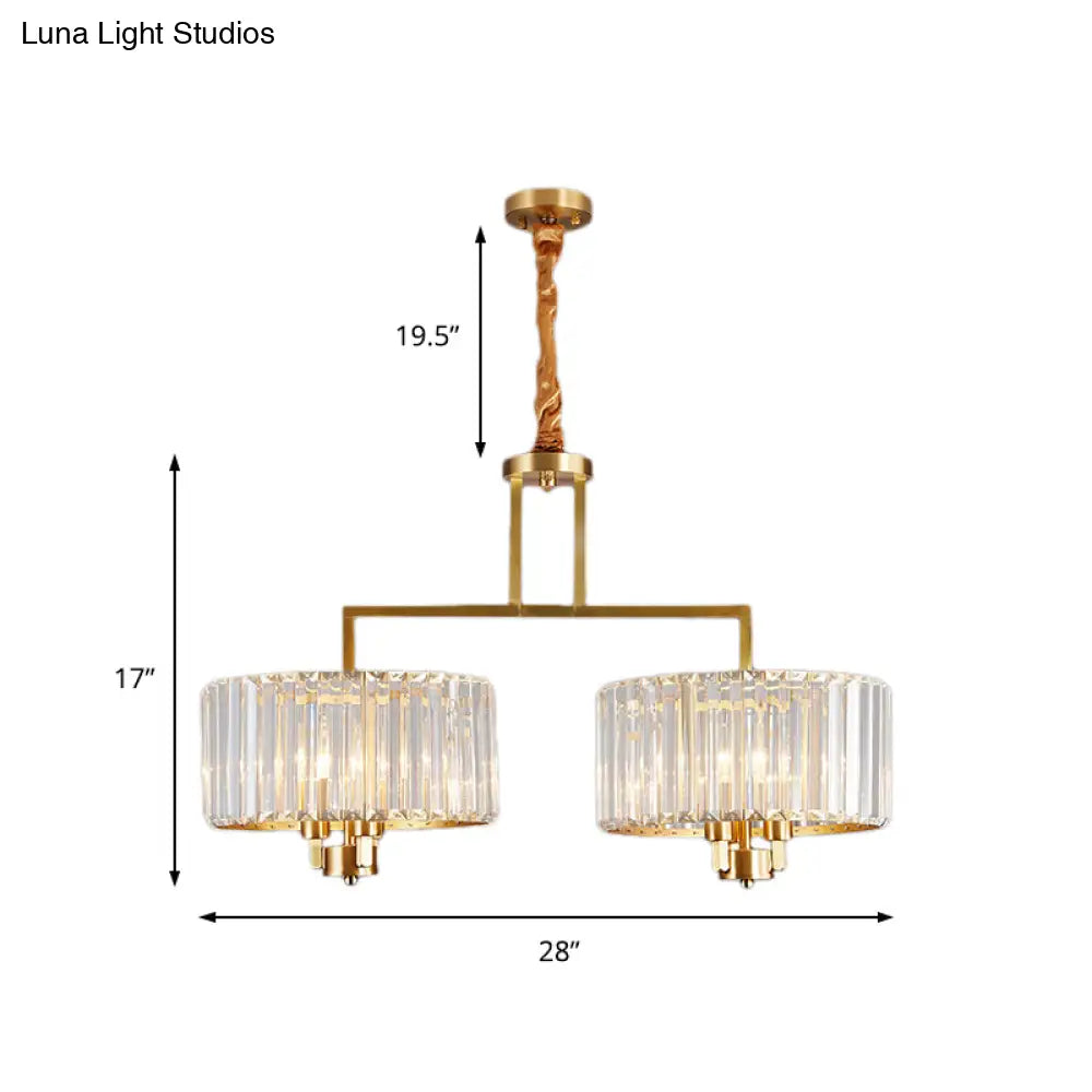 Lámpara de techo contemporánea dorada con forma de tambor y cristales transparentes - Lámpara colgante de 3/6/9 cabezas para sala de estar