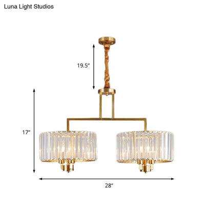 Lámpara de techo contemporánea dorada con forma de tambor y cristales transparentes - Lámpara colgante de 3/6/9 cabezas para sala de estar