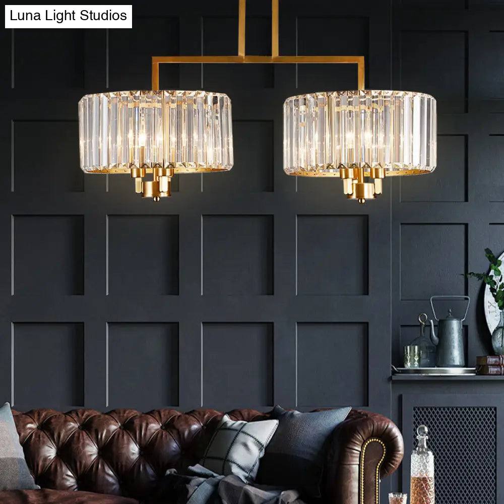 Lámpara de techo contemporánea dorada con forma de tambor y cristales transparentes - Lámpara colgante de 3/6/9 cabezas para sala de estar