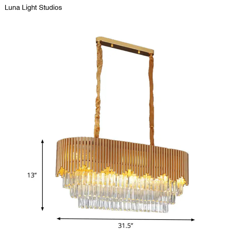 Gold finish decorbites contemporary chandelier with crystal blocks and oval hanging design for island lighting