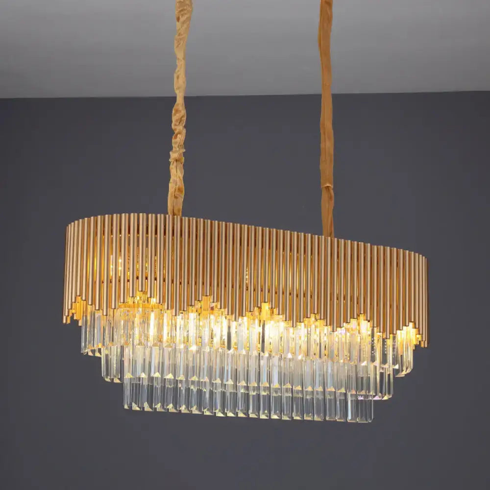 Decorbites™ contemporary gold finish chandelier with vertical brass rods and cascading clear crystal blocks