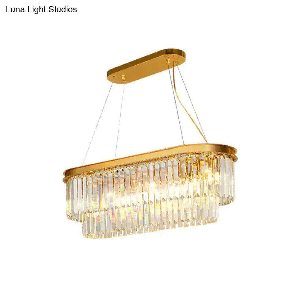Contemporary gold finish ellipse island lighting rectangular chandelier with cascading layers of clear crystal prisms