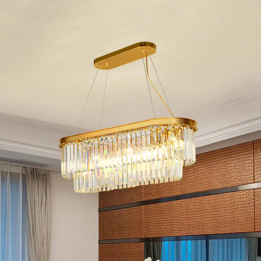 Contemporary gold finish layers ellipse island lighting dining room chandelier with rectangular frame and cascading crystal prisms