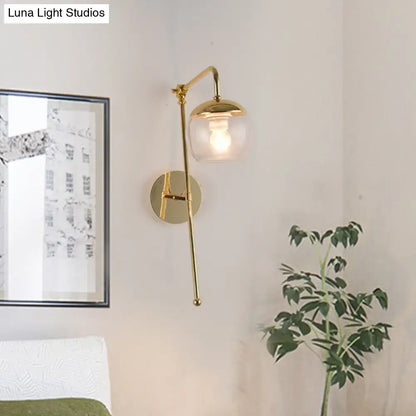 Contemporary gold gooseneck sconce light wall mount lamp with clear glass globe shade for bedroom lighting