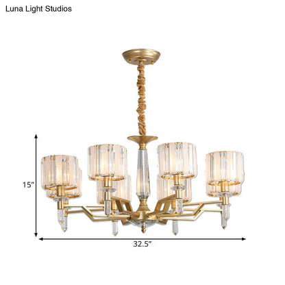 Lámpara de araña colgante contemporánea dorada - Brazo curvo con 6/8 bombillas, pantalla de cristal transparente