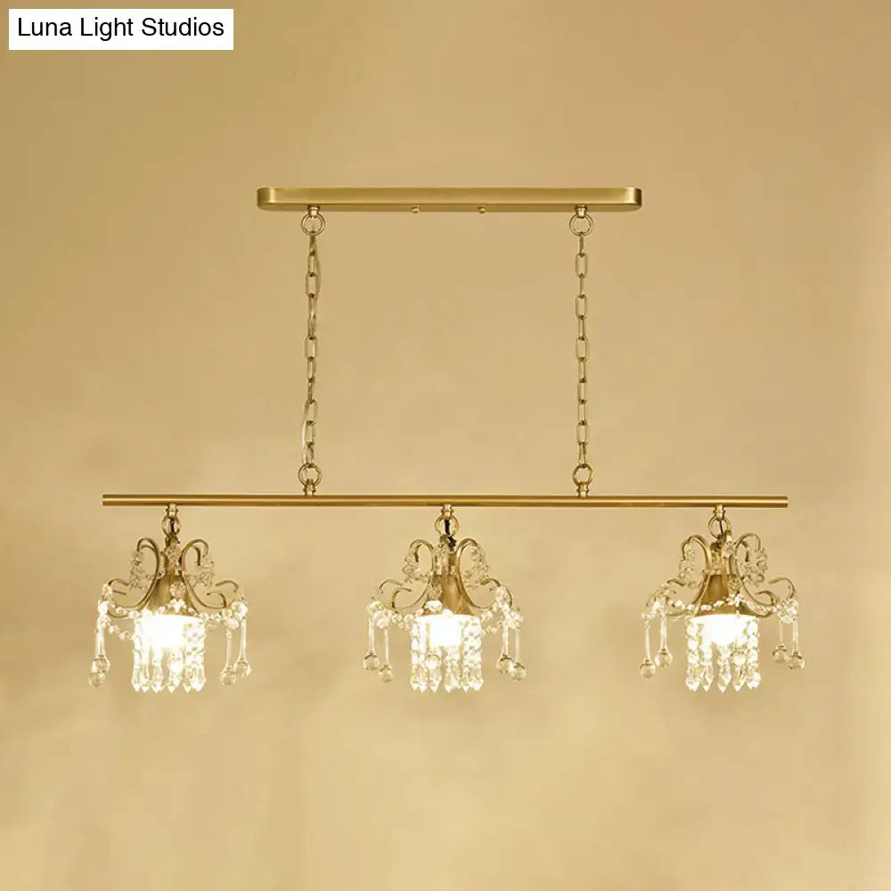 Decorbites contemporary gold island chandelier with three crystal pendant lights and ornate scroll frame design
