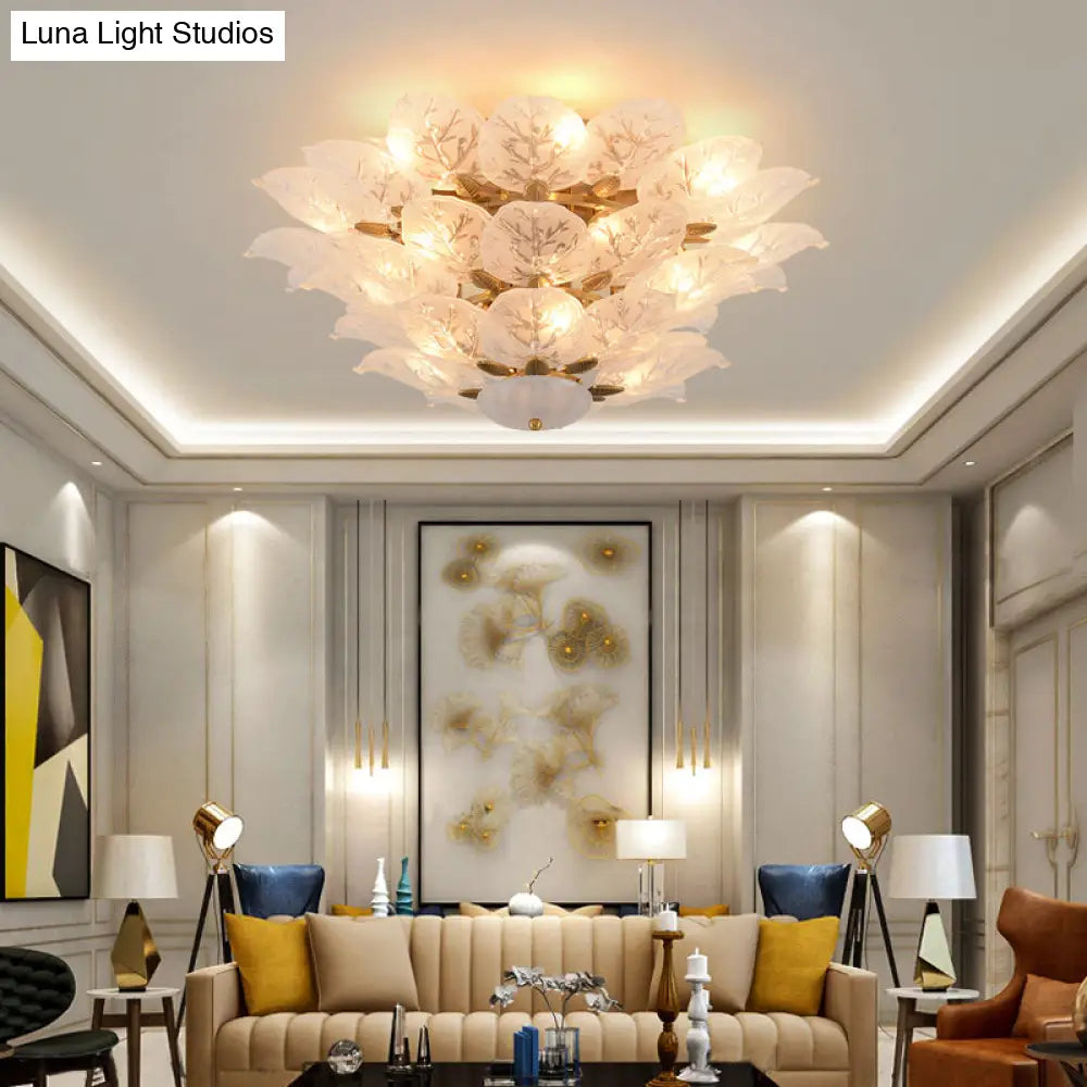 DecorBites™ DecorBites™ Contemporary Gold Leaf Semi Flush Mount Lamp with 10 Frost Glass Lights for Living Room Ceiling