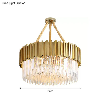 Lámpara de araña LED dorada contemporánea con varillas de cristal de tres lados y kit de iluminación colgante - Diseño de tambor/elipse para comedor, 19.5"/23.5"/47" de ancho