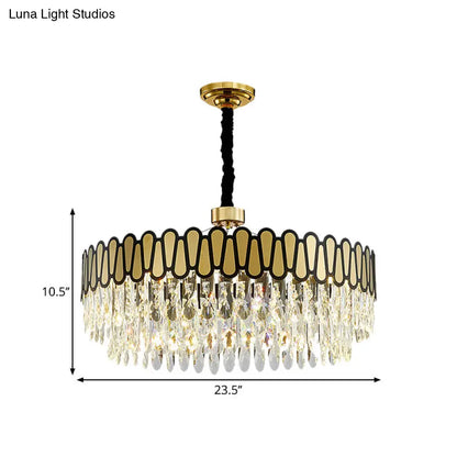 Lámpara de techo colgante circular LED dorada contemporánea con gotas de cristal transparente