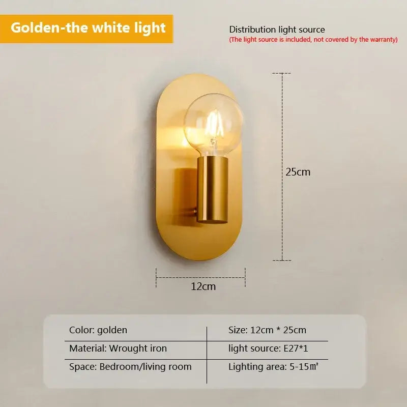Contemporary gold led wall lamp with a sleek oval wrought iron base and exposed Edison-style bulb for living room decor