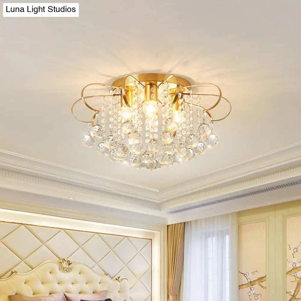 Lámpara de techo DecorBites™ contemporánea de metal dorado con diseño de brazo en espiral, esferas de cristal transparente y varillas - Lámpara semiempotrada de 4 luces