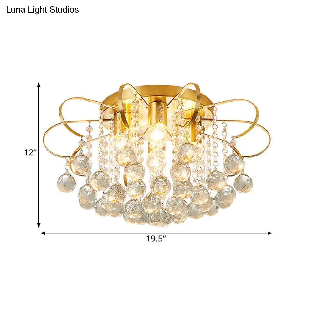 Lámpara de techo DecorBites™ contemporánea de metal dorado con diseño de brazo en espiral, esferas de cristal transparente y varillas - Lámpara semiempotrada de 4 luces