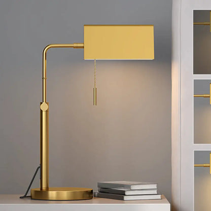 Contemporary Gold Metal Nightstand Lamp with Pull Chain - Rectangle Shape, Perfect for Bedroom