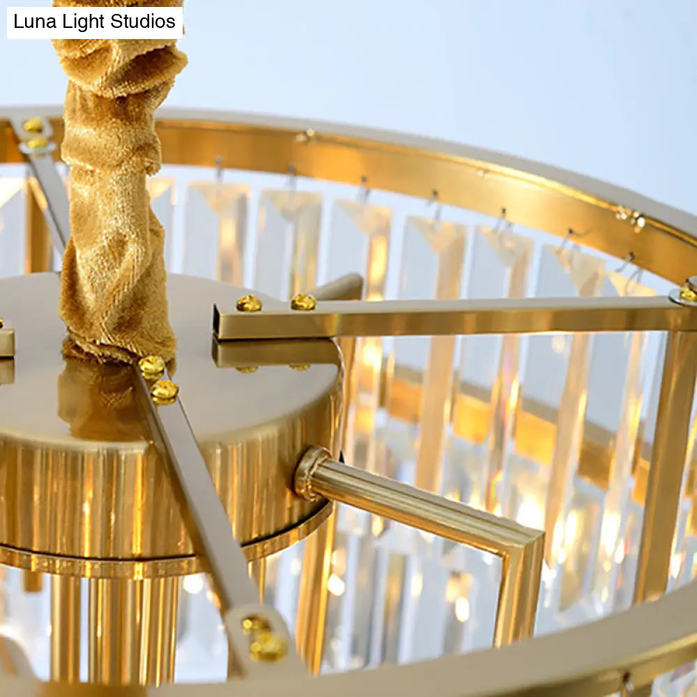 Lámpara de araña colgante contemporánea de metal dorado con bloque de cristal - Diseño redondo de 3 niveles