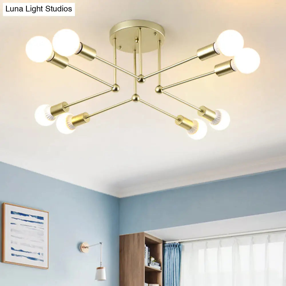 Lámpara de techo tipo araña radial contemporánea de metal dorado con 8 cabezales