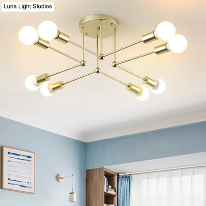 Lámpara de techo tipo araña radial contemporánea de metal dorado con 8 cabezales