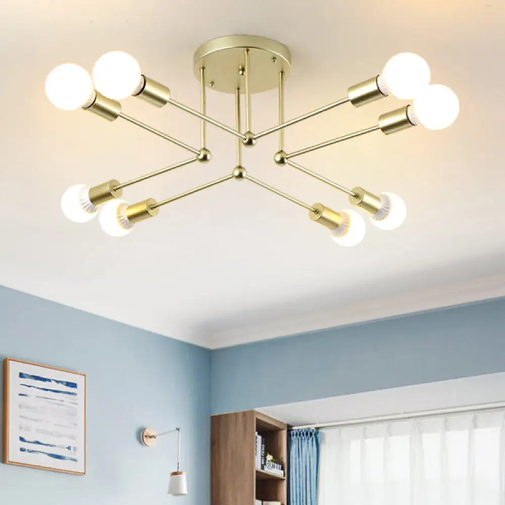 Lámpara de techo tipo araña radial contemporánea de metal dorado con 8 cabezales