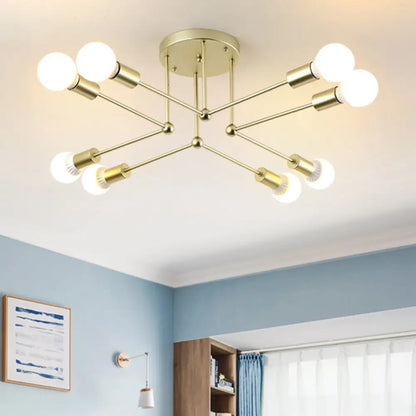 Lámpara de techo tipo araña radial contemporánea de metal dorado con 8 cabezales