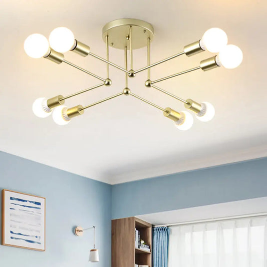 Lámpara de techo tipo araña radial contemporánea de metal dorado con 8 cabezales