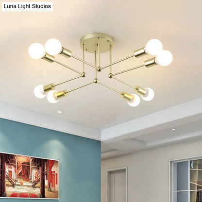 Lámpara de techo tipo araña radial contemporánea de metal dorado con 8 cabezales