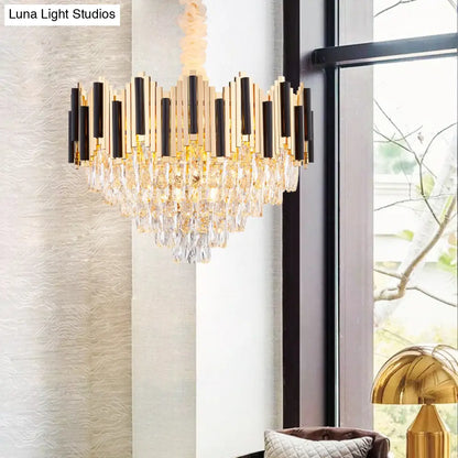 Lámpara de techo colgante contemporánea dorada de varias capas con prisma de cristal - 6/10 cabezales