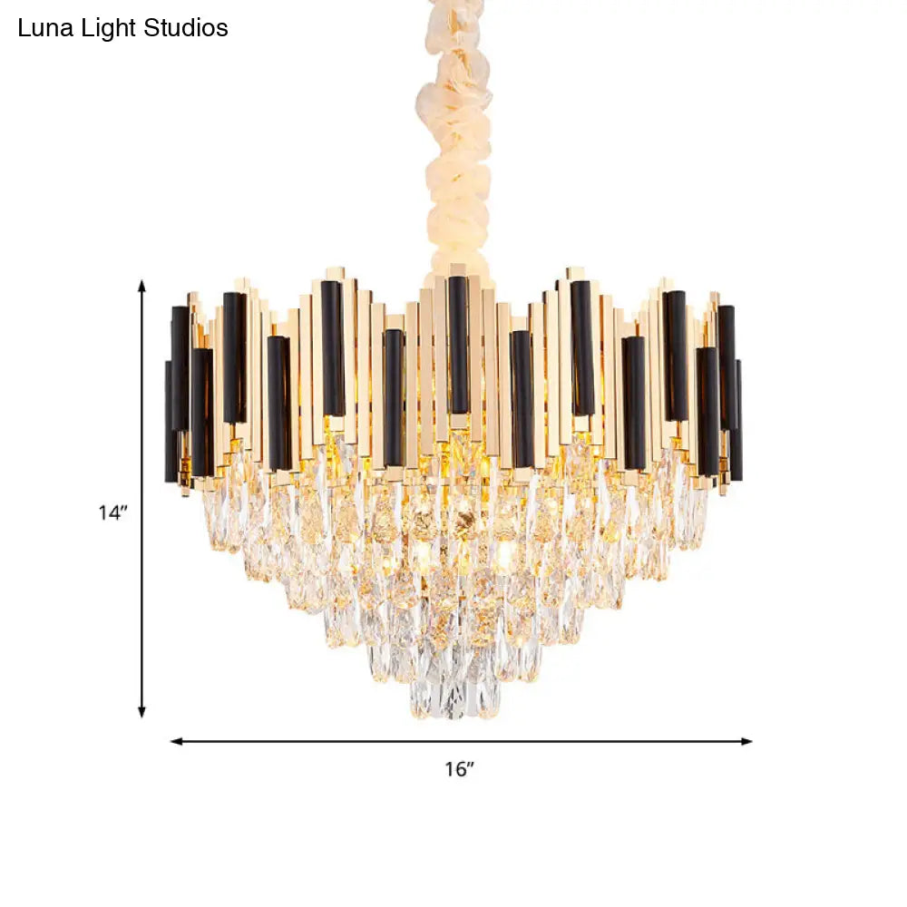 Lámpara de techo colgante contemporánea dorada de varias capas con prisma de cristal - 6/10 cabezales