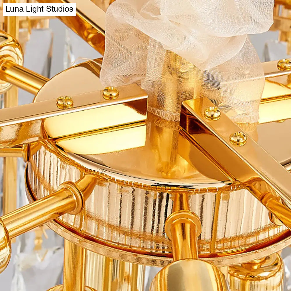 Lámpara de techo colgante contemporánea dorada de varias capas con prisma de cristal - 6/10 cabezales