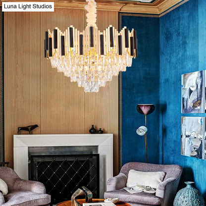 Lámpara de techo colgante contemporánea dorada de varias capas con prisma de cristal - 6/10 cabezales