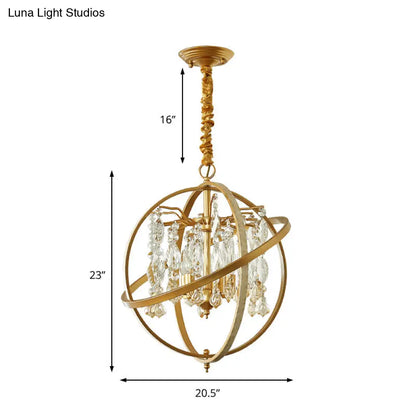Lámpara de techo contemporánea dorada con forma de esfera: colgante de techo metálico de 5 luces con detalles de cristal.