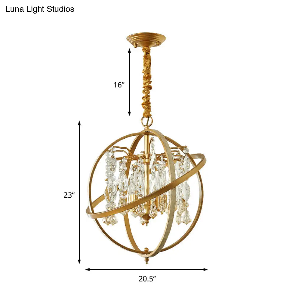 Lámpara de techo contemporánea dorada con forma de esfera: colgante de techo metálico de 5 luces con detalles de cristal.