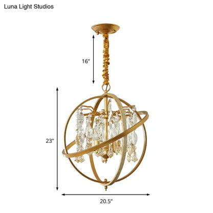 Lámpara de techo contemporánea dorada con forma de esfera: colgante de techo metálico de 5 luces con detalles de cristal.