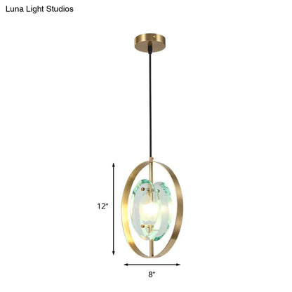 Contemporary Gold Oval Frame Pendant Ceiling Light with Crystal Shade