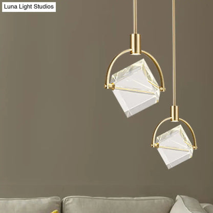 Contemporary Gold Pendant Ceiling Light for Bedroom - Clear Glass Cube Hanging Lamp Kit