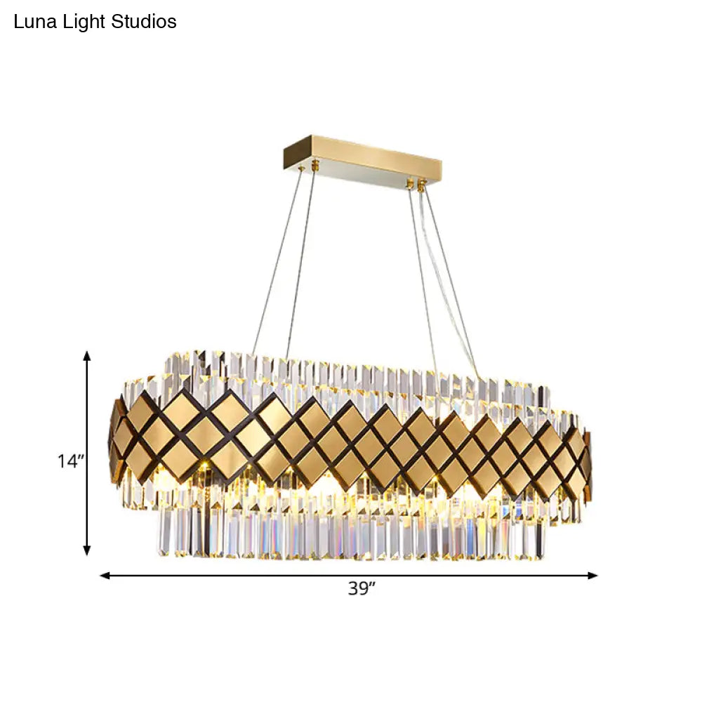 Lámpara colgante contemporánea dorada DecorBites™ - Lámpara ovalada de isla con bloques de cristal, 16 luces y marco de celosía para comedor