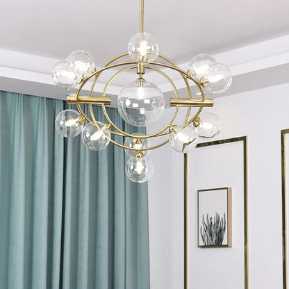 Contemporary Gold Pendant Light with Amber/Clear/Smoke Glass Sphere Shade - Living Room Chandelier
