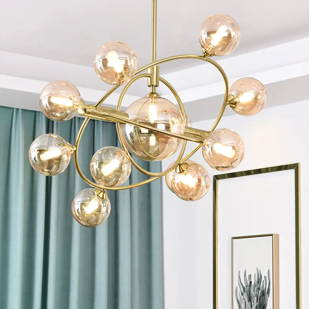 Contemporary Gold Pendant Light with Amber/Clear/Smoke Glass Sphere Shade - Living Room Chandelier