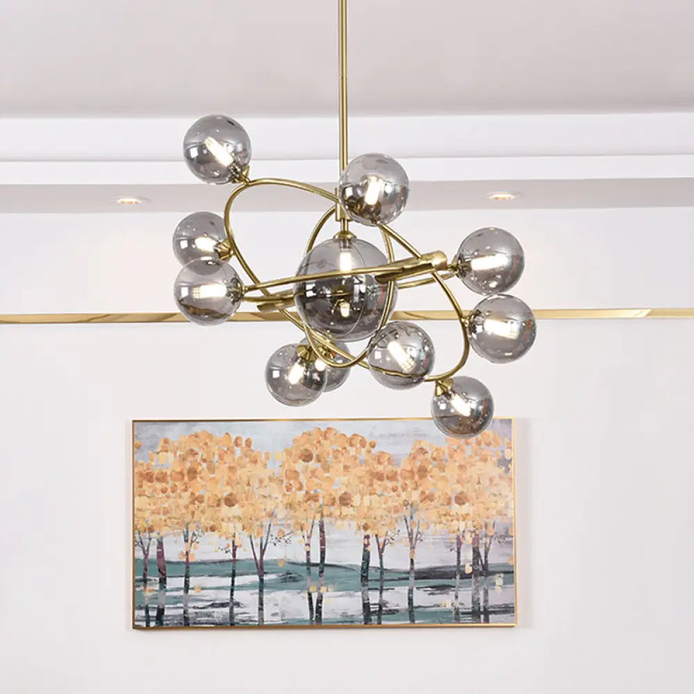 Contemporary Gold Pendant Light with Amber/Clear/Smoke Glass Sphere Shade - Living Room Chandelier