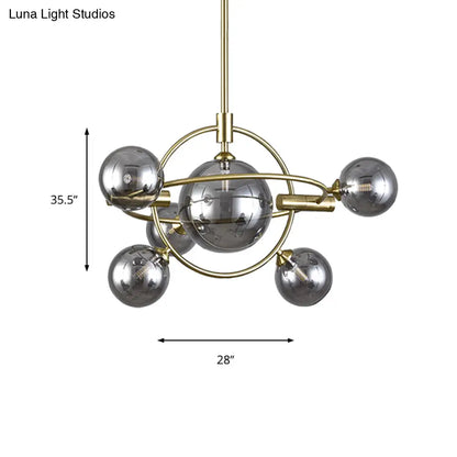 Contemporary Gold Pendant Light with Amber/Clear/Smoke Glass Sphere Shade - Living Room Chandelier