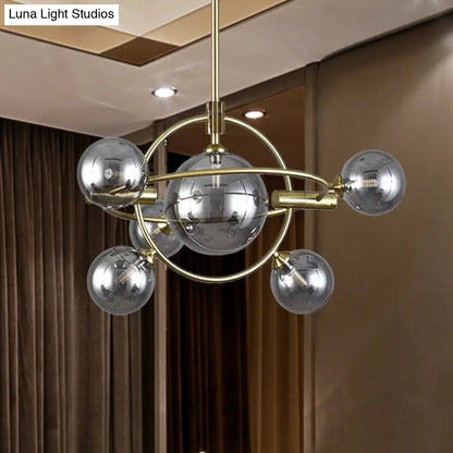 Contemporary Gold Pendant Light with Amber/Clear/Smoke Glass Sphere Shade - Living Room Chandelier