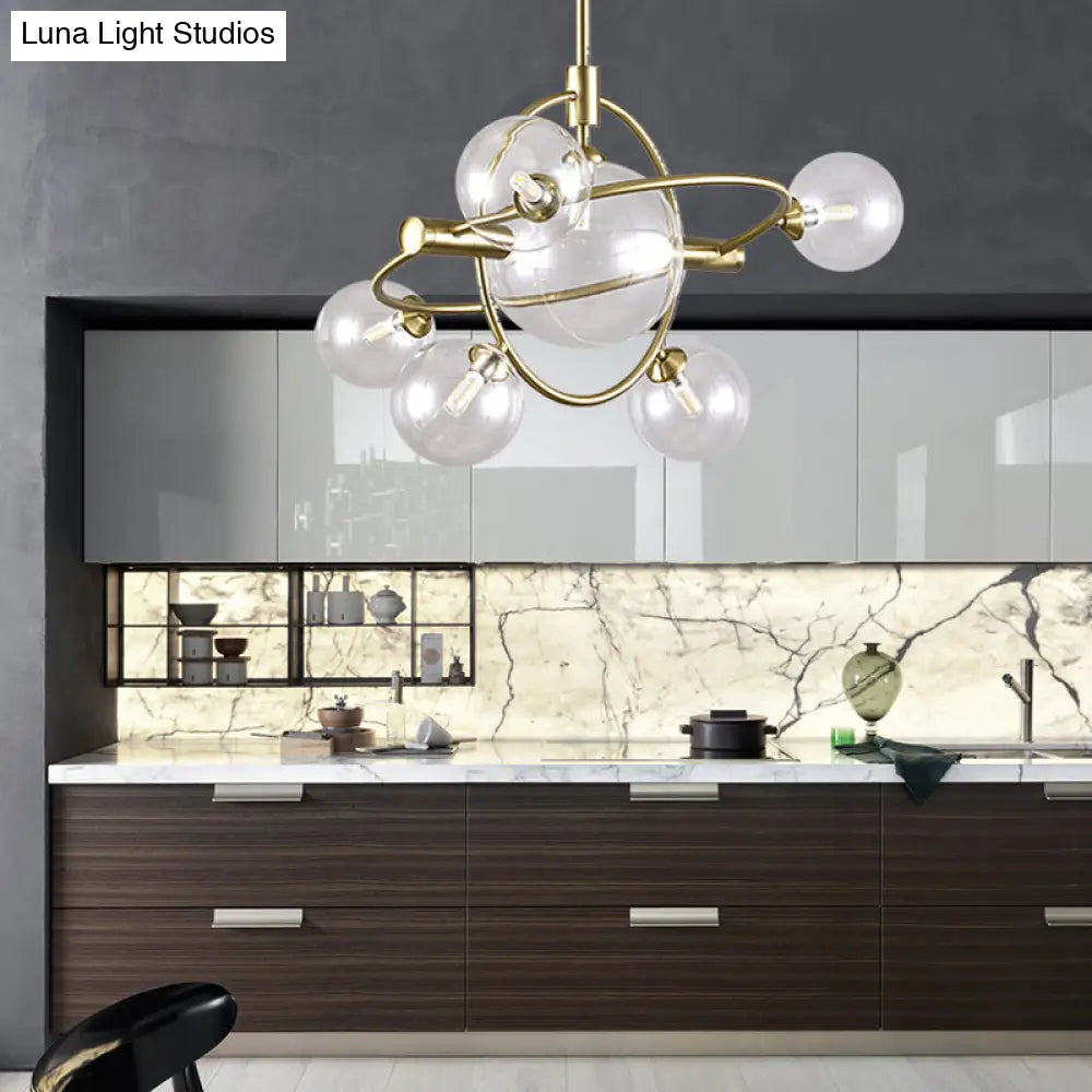 Contemporary Gold Pendant Light with Amber/Clear/Smoke Glass Sphere Shade - Living Room Chandelier