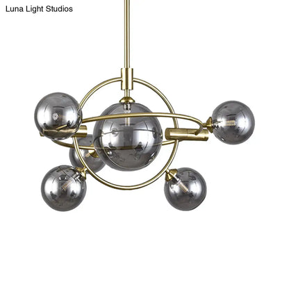Contemporary Gold Pendant Light with Amber/Clear/Smoke Glass Sphere Shade - Living Room Chandelier