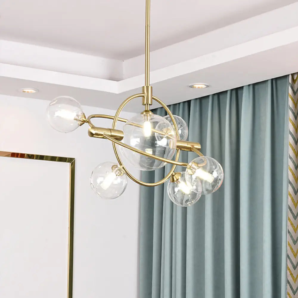 Contemporary Gold Pendant Light with Amber/Clear/Smoke Glass Sphere Shade - Living Room Chandelier