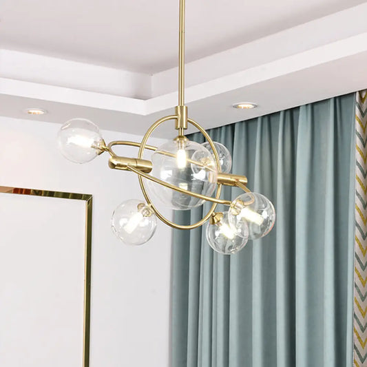Contemporary Gold Pendant Light with Amber/Clear/Smoke Glass Sphere Shade - Living Room Chandelier